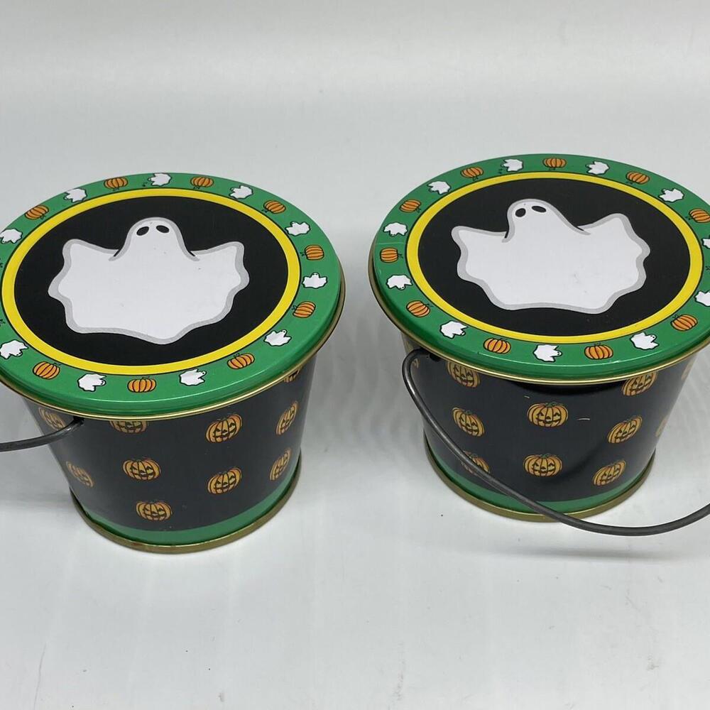 Mini Halloween Tin Pails Ghost Jack O Lantern Midwest Importers Vintage LOT of 2
